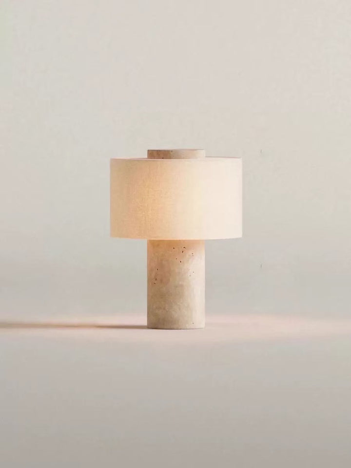 Sculpted natural stone table lamp with fabric drum shade and dimmer Bowlift