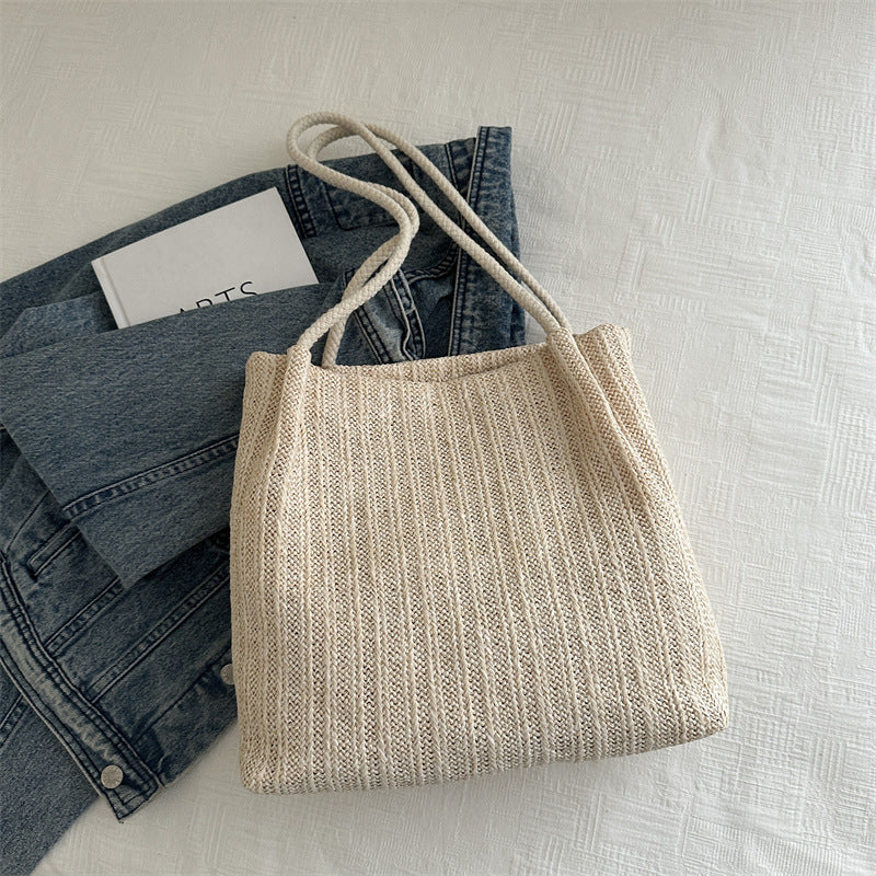 Textured Knit Tote Bag with Leather Accent