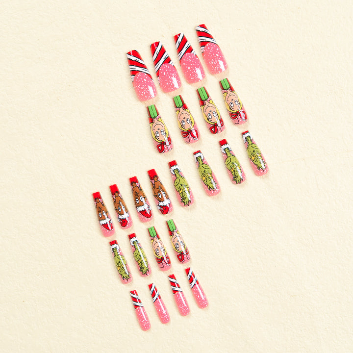 Artificial nail set with festive motifs and charming Grinch design Bowlift
