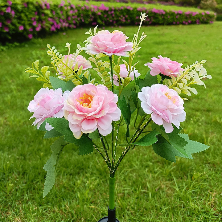 Realistic Artificial Peony Bouquet Solar Garden Stake With Dusk-To-Dawn LED And Adjustable Stem Bowlift