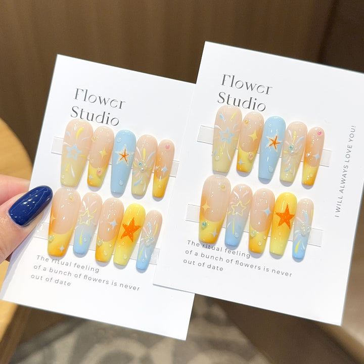 Artificial Nails Set with Colorful Stars and Floral Design Bowlift