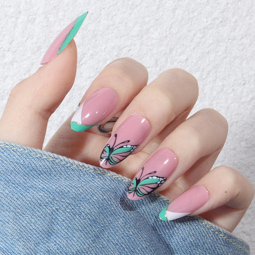 Artistic Press-On Nail Set with Butterfly Design Bowlift