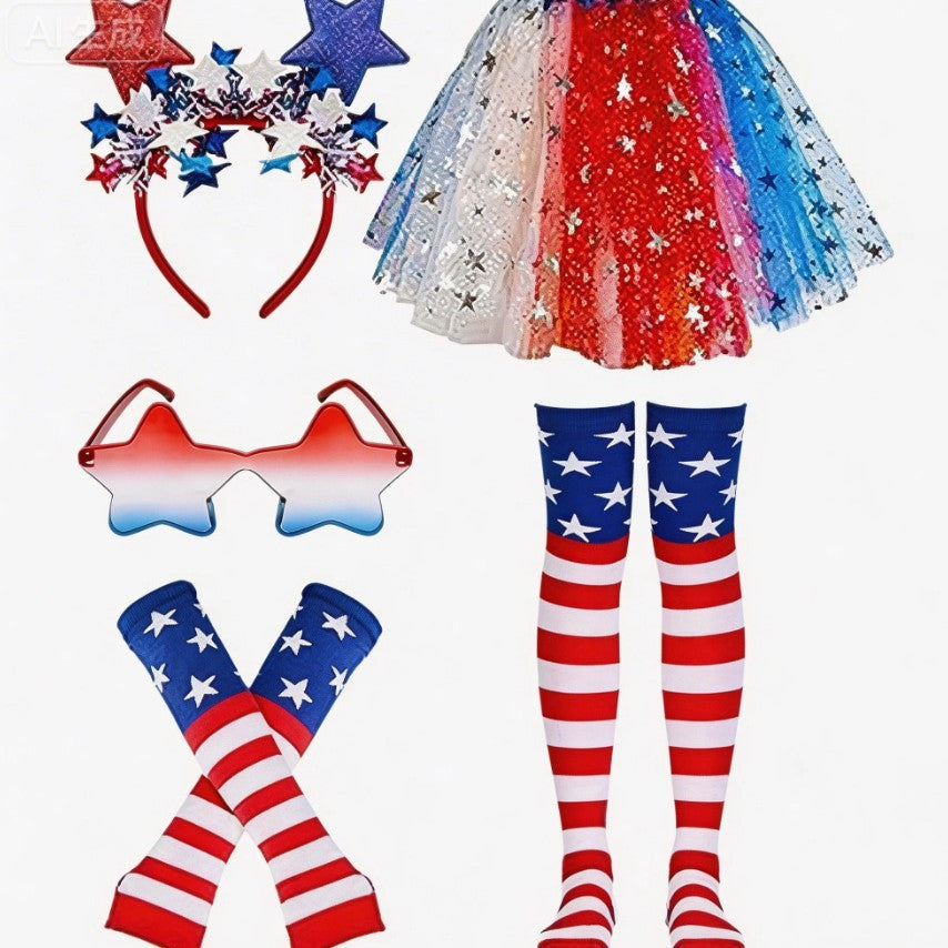 Women's nan patriotic tulle layered mini skirt headband arm sleeves and thigh high socks set Bowlift