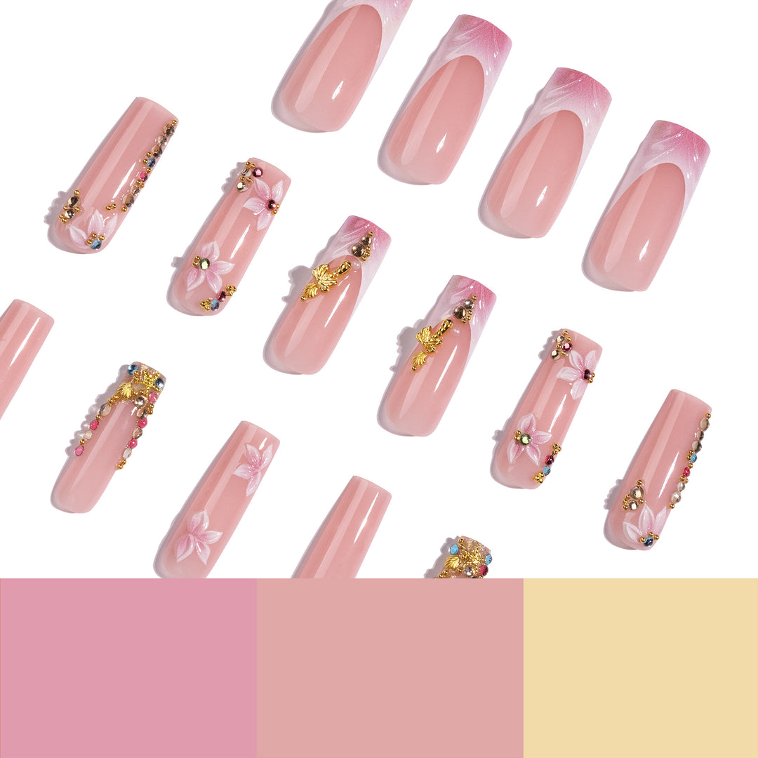Artistic Nail Extensions with Rhinestone and Flower Embellishments Bowlift