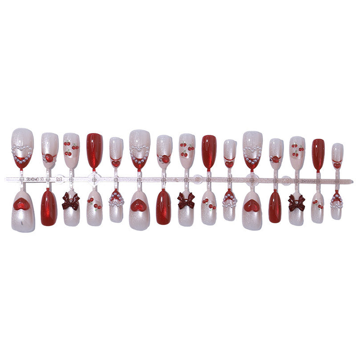 Decorative Press-On Nail Art Set with Heart and Bow Accents Bowlift