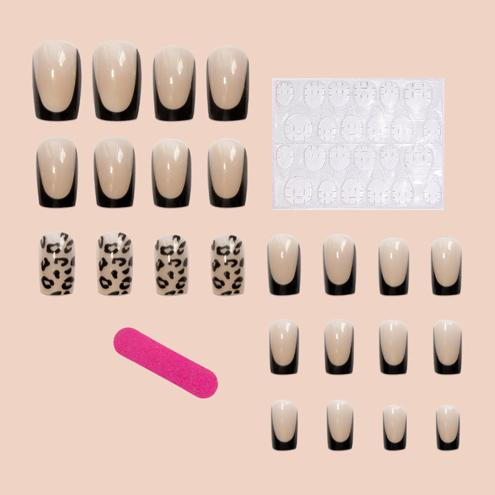 Artificial nail set with elegant leopard motif and black French design Bowlift