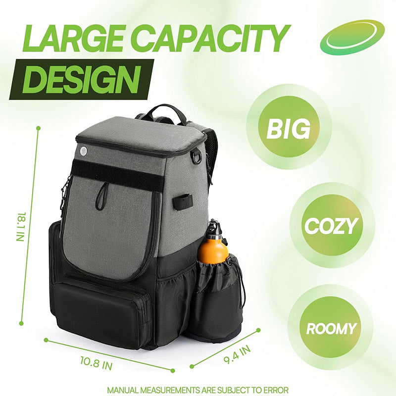 Unisex nan robust Disc Golf Backpack with padded disc compartment, side bottle holder, and multifunctional accessory pockets Bowlift