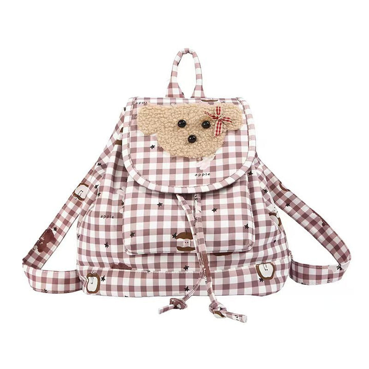 Backpack with Charming Plush Bear Motif and Playful Checkered Pattern Bowlift
