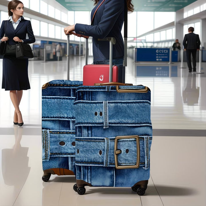 Unisex stylish suitcase cover with denim belt motif, elastic protective cover for rolling suitcase Bowlift