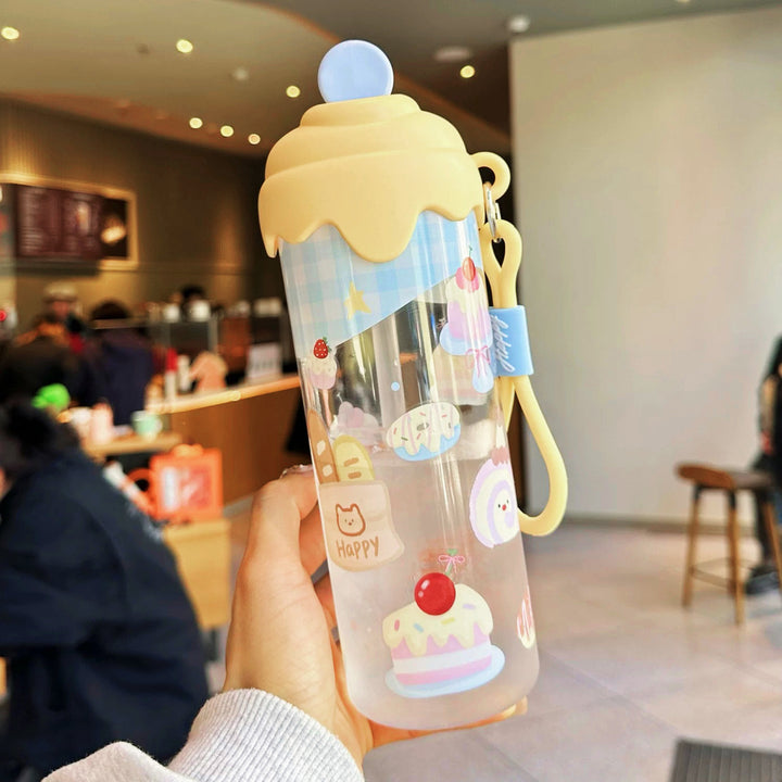 Kawaii Silicone-Topped Reusable Water Bottle with Carry Strap and Cute Dessert Print Bowlift