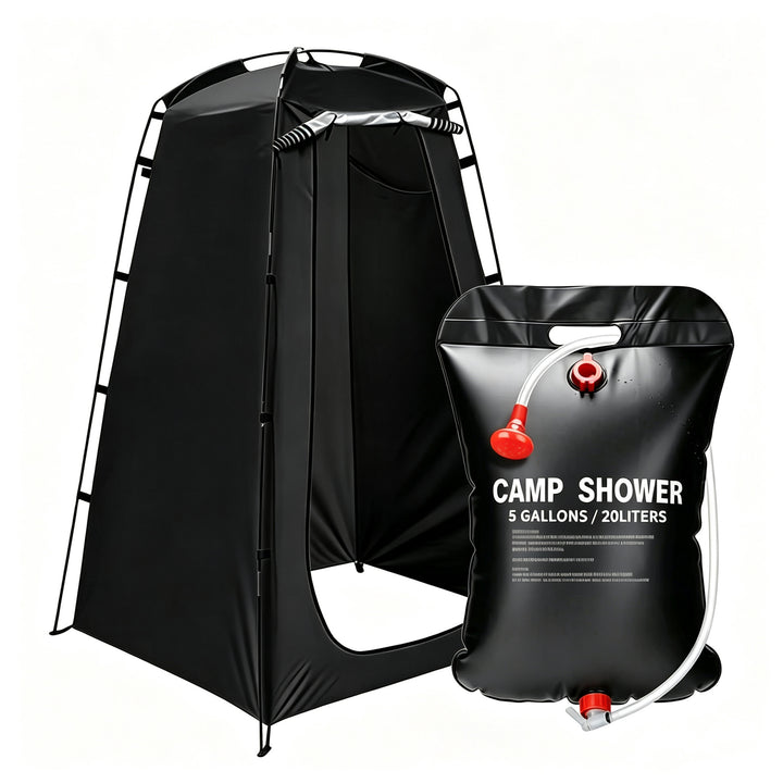 Portable camping shower privacy tent with five gallon solar shower bag and pop up foldable pole system Bowlift