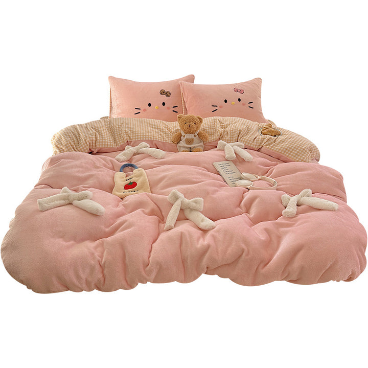 Plush Fleece Bow-Tie Duvet Cover Set with Reversible Gingham Sheet