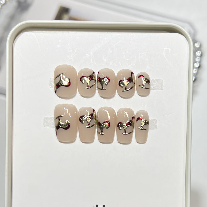 Premium Press-On Nail Art Set with Elegant Heart & Leaf Design Bowlift