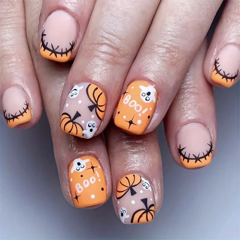 Halloween Fake Nail Set with Cute Pumpkin and Ghost Designs Bowlift