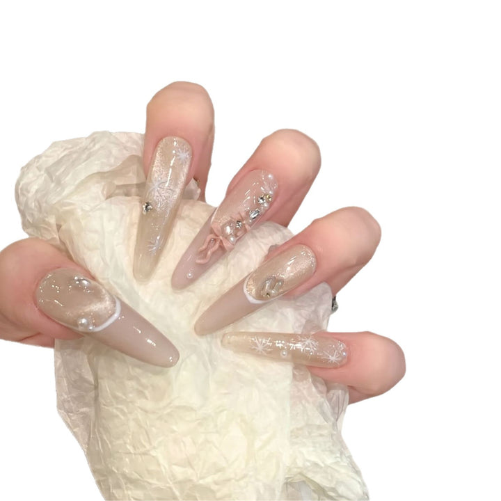 Decorative Stiletto Press-On Nail Set with Artistic Accents Bowlift
