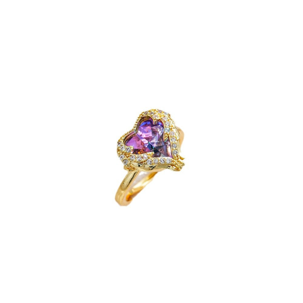 Heart-Shaped Amethyst And Zirconia-Coated Cocktail Ring With Intricate Filigree Design