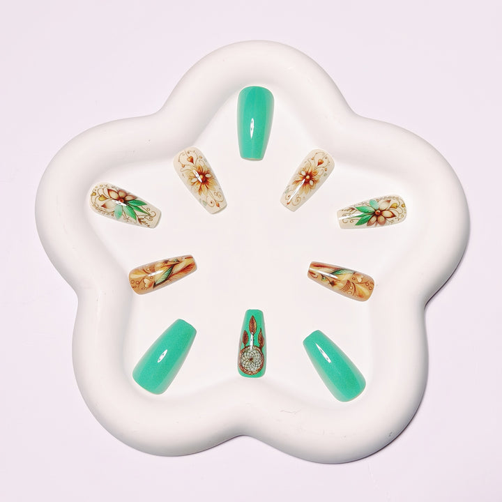 Creative artificial nails with floral and dreamcatcher design elements Bowlift
