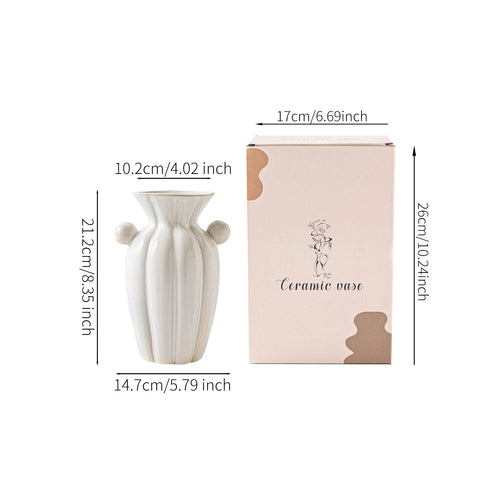 Hand-crafted fluted ceramic decorative vase with sculpted side handles