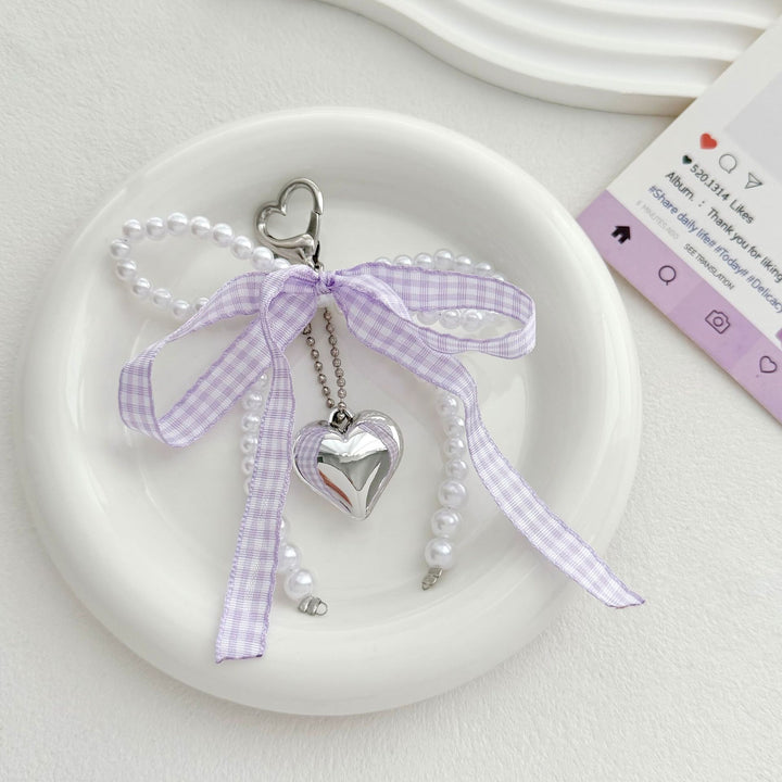 Heart-Shaped Charm Keychain with Pearls and Bow Bowlift