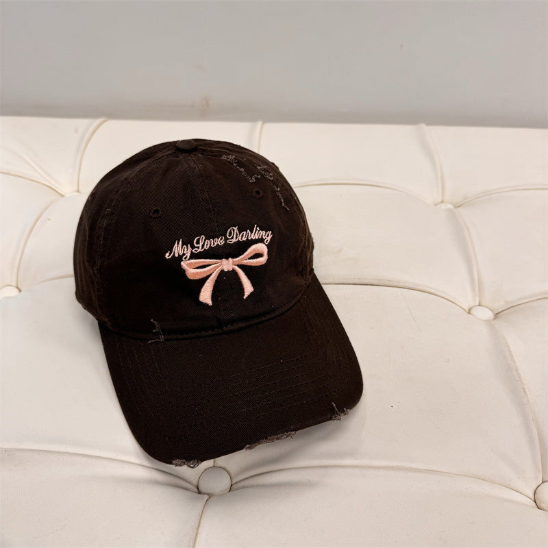 Women's Distressed Cotton Baseball Cap with Bow Embroidery Bowlift