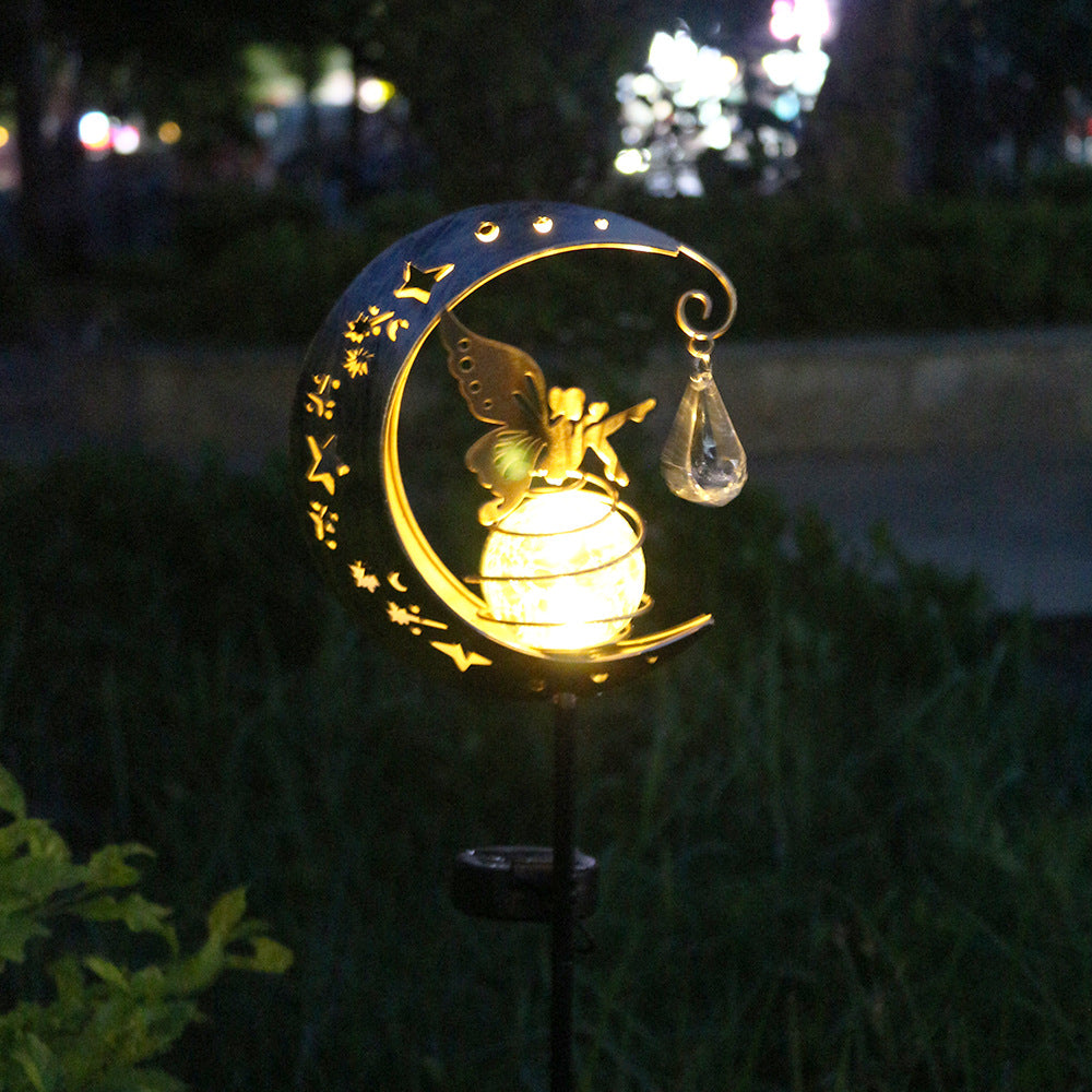 Decorative Crescent Moon Solar Garden Stake Lamp With Hanging Crystal Orb And Butterfly Bowlift