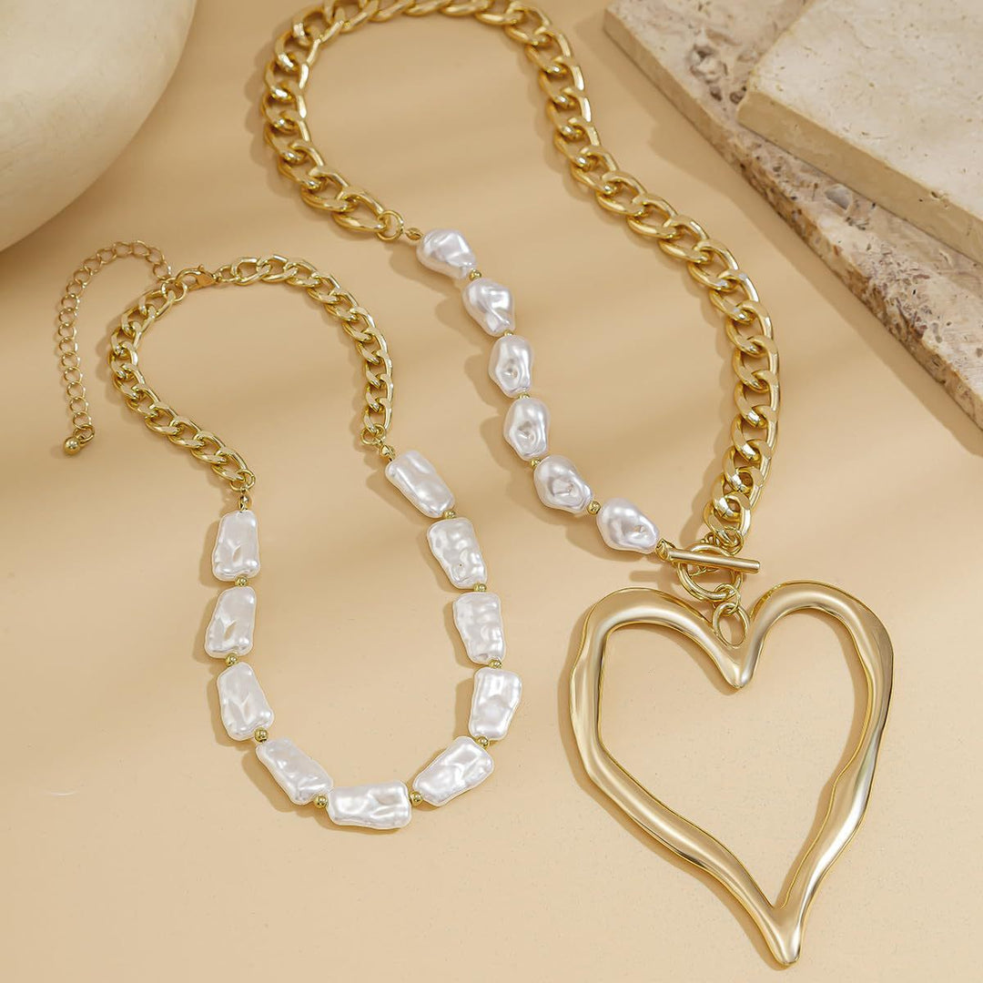 Statet Heart and Pearl Chain Necklace Bowlift