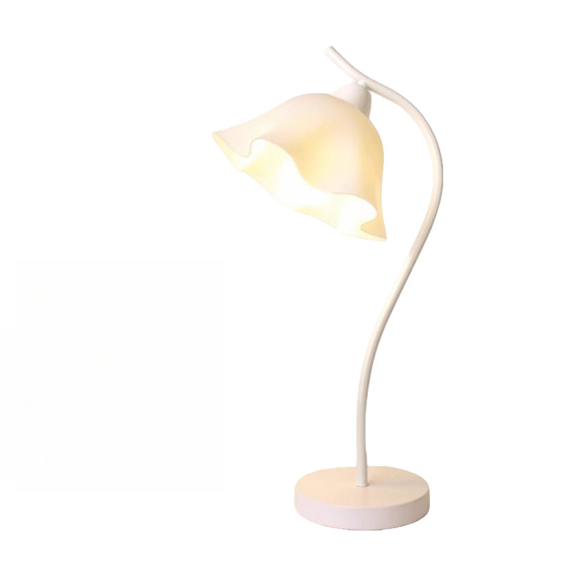 Ruffled Bell-Shade Bedside Table Lamp with Curved Stem Bowlift