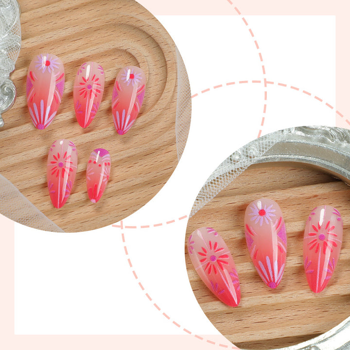 Artistic Press-On Nail Set with Floral and Geometric Patterns Bowlift
