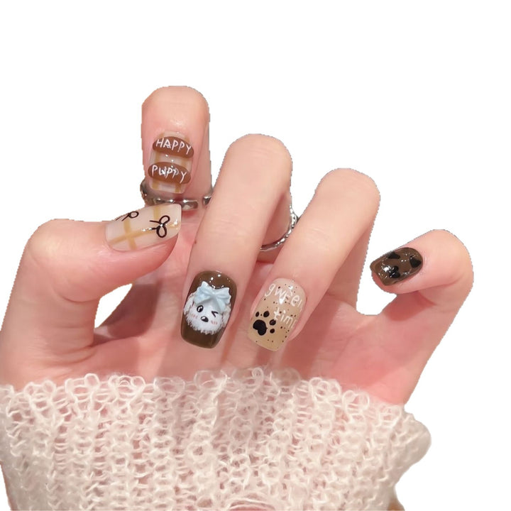 Playful Cartoon Dog-Themed Press-On Nail Art Set Bowlift