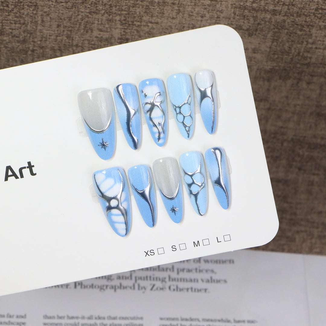 Artistic Press-On Nail Set with Metallic and Crystal Accents Bowlift