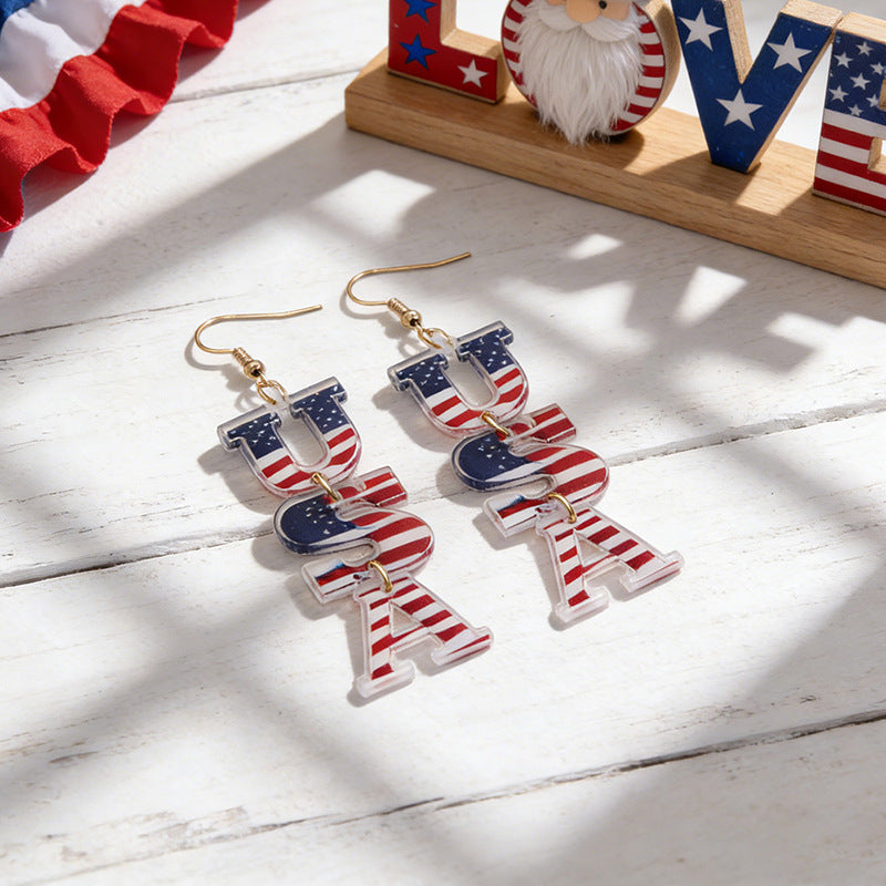 Women's acrylic statement earrings long pendant bow motif with patriotic print Bowlift