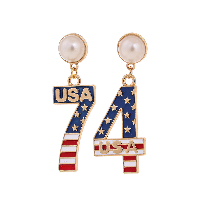 Women's nan patriotic enamel number drop earrings with faux pearl studs Bowlift
