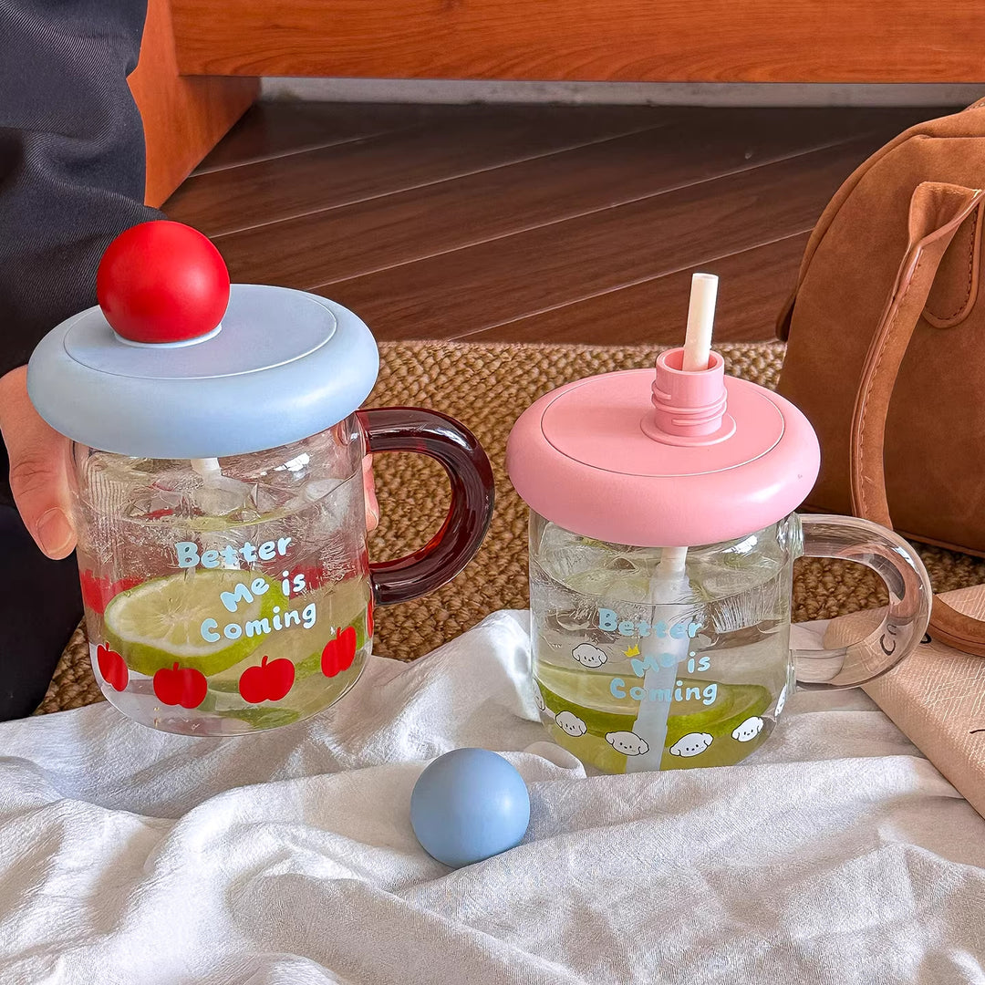 Women's glass drinking cup with silicone lid and integrated straw Bowlift