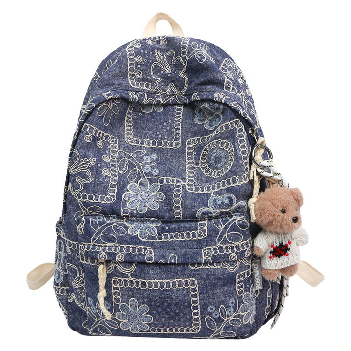 Floral Embroidered Denim Backpack