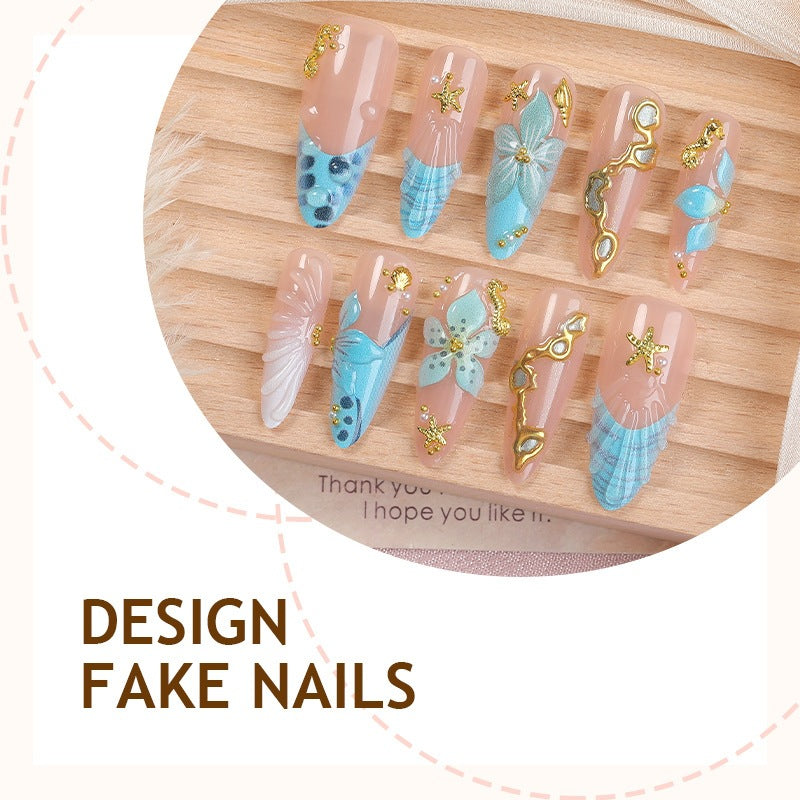 Artificial nail set with maritime motifs and glamorous decorations Bowlift
