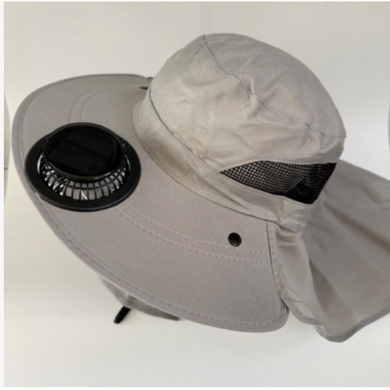 Non-ventilated sun hat with removable fan, neck protection, and adjustable chin strap Bowlift