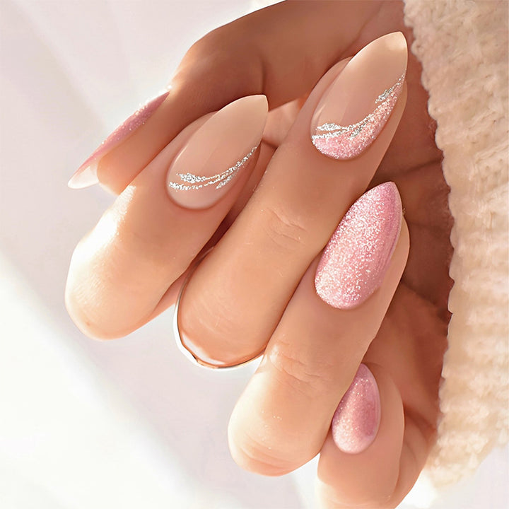 Decorative Press-On Nail Art Set with Glitter and Silver Accents Bowlift