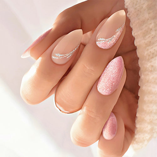 Decorative Press-On Nail Art Set with Glitter and Silver Accents Bowlift