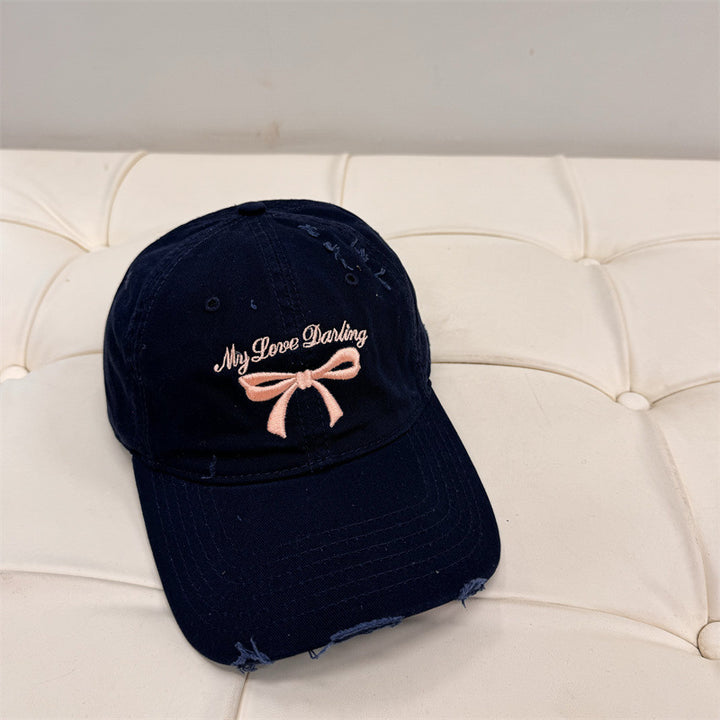 Women's Distressed Cotton Baseball Cap with Bow Embroidery Bowlift