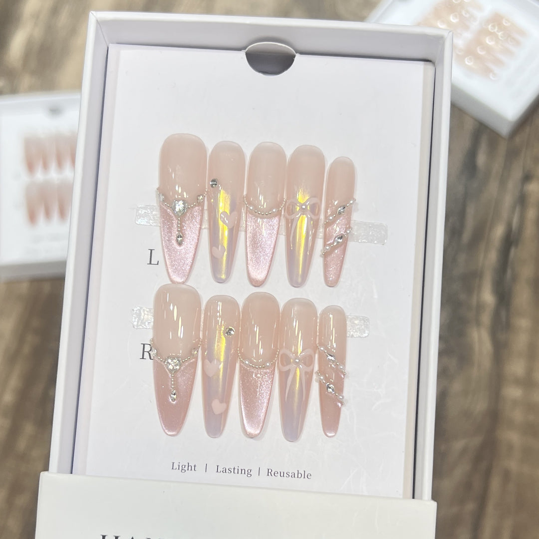 Premium Decorative Press-On Nail Set with Elegant Gemstone Accents Bowlift