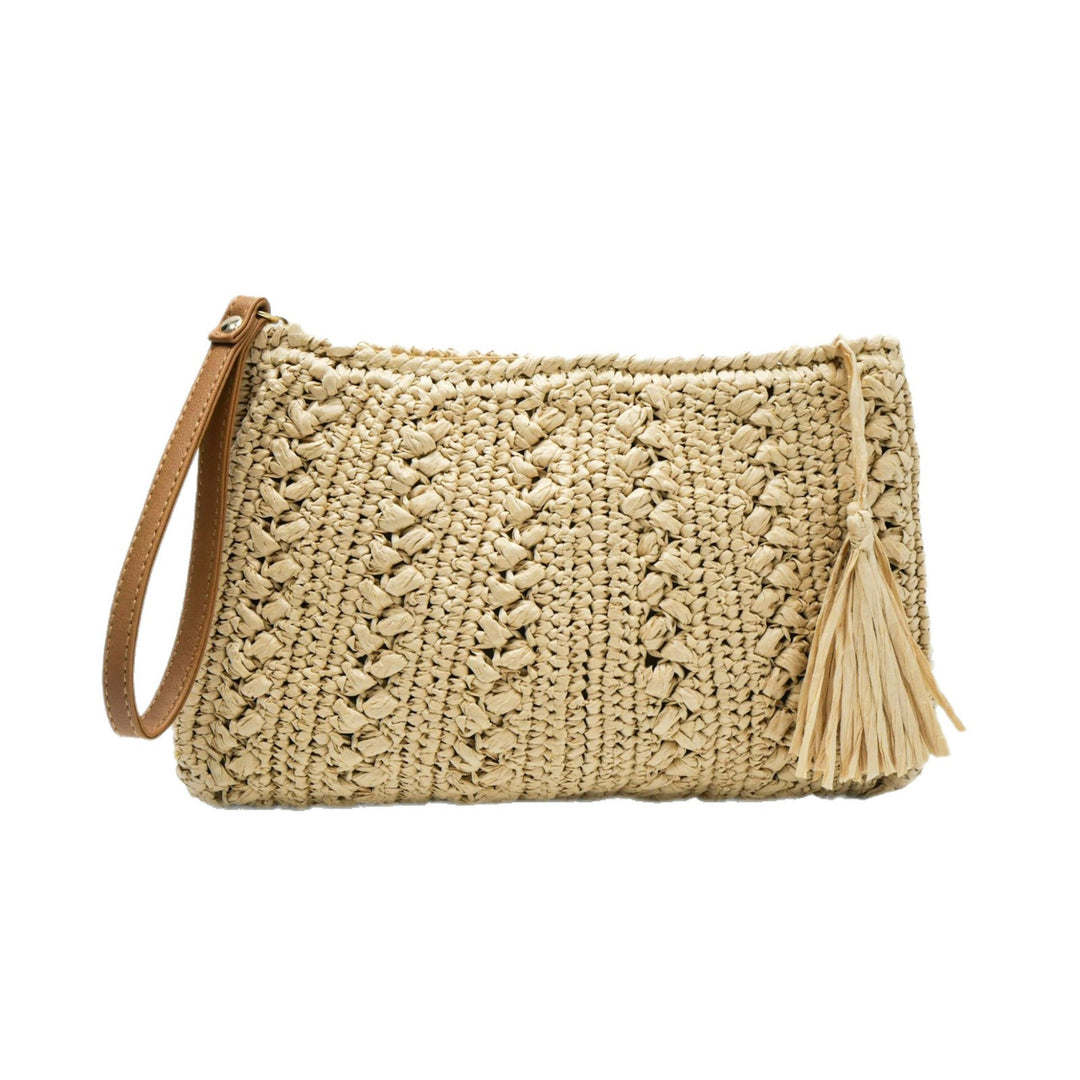 Woven natural material handbag with tassel Bowlift
