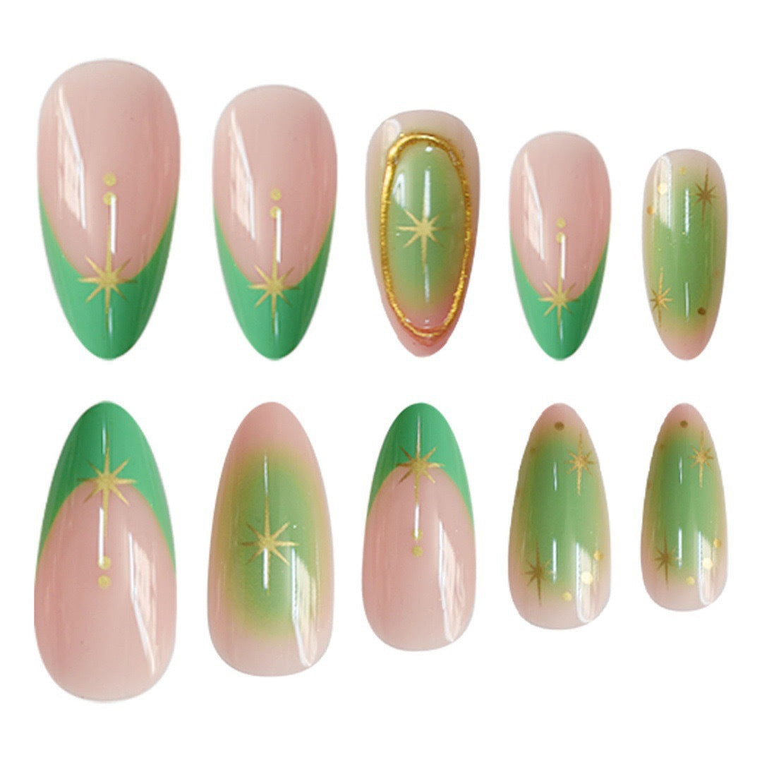 Artistic Gel Nail Enhancements with Gold Accents Bowlift