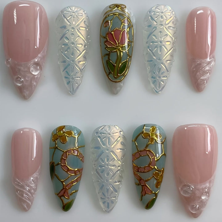 Artistic Floral and Gemstone Press-On Nail Set Bowlift