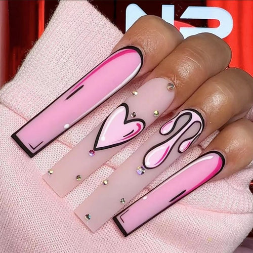 Eye-catching artificial nails with soulful heart design and glamorous accents Bowlift