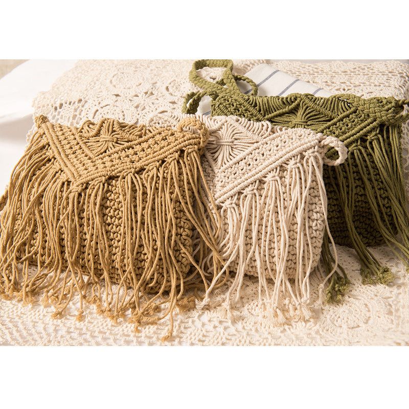 Macrame Handbag with Fringes and Adjustable Shoulder Strap Bowlift