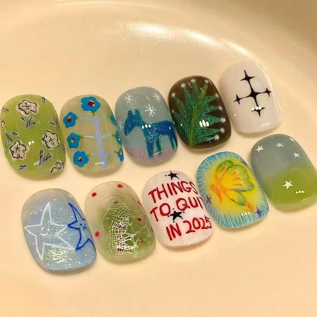 Artistic Cat-Themed Press-On Nail Art Set Bowlift