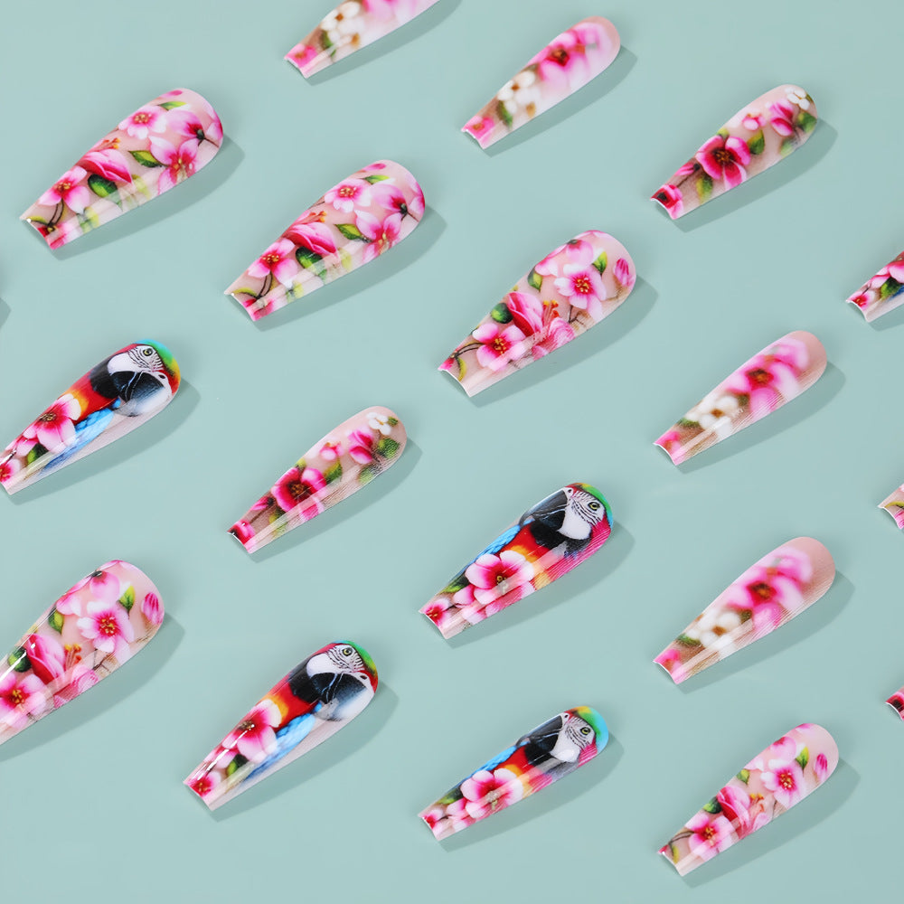Exquisite Artificial Nails with Colorful Flower and Parrot Design Bowlift