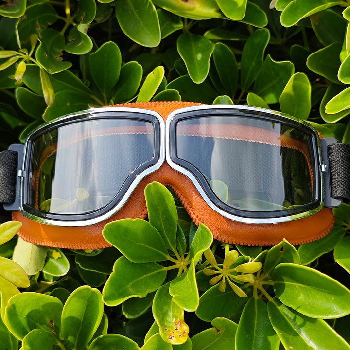 Polarized Mirrored Motorcycle Goggles with Leather Trim and Padded Foam Seal Bowlift