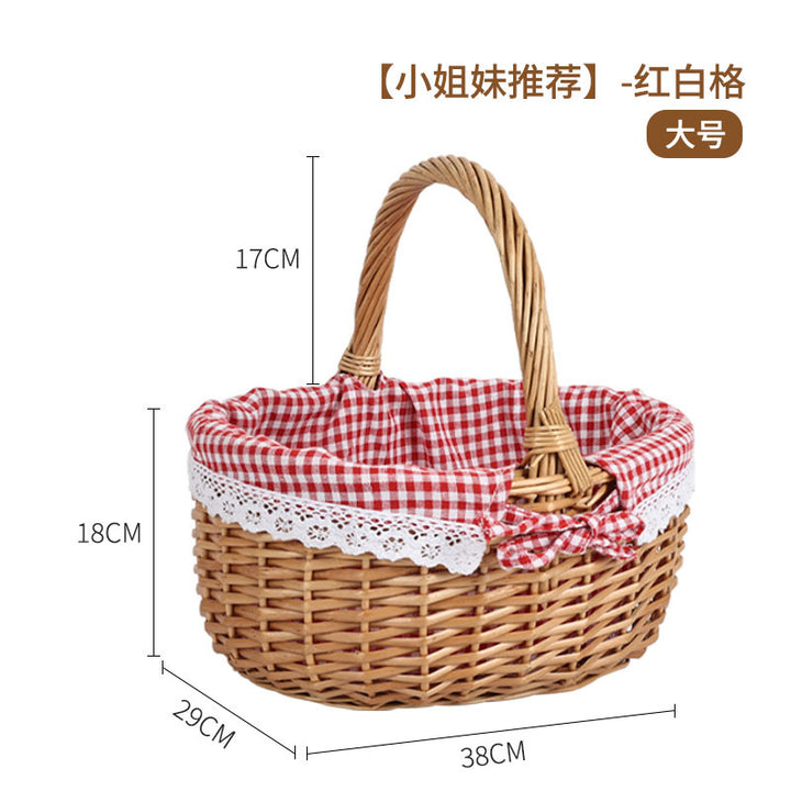 Women's braided basket with checkered fabric insert and decorative lace embellishment Bowlift