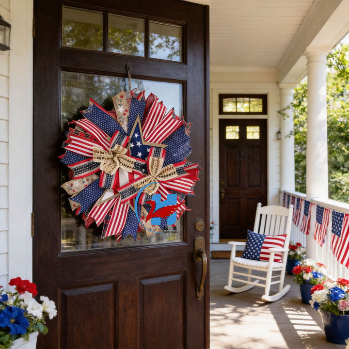 Unisex nan more patriotic door wreath in star design made of wood and jute ribbons Bowlift